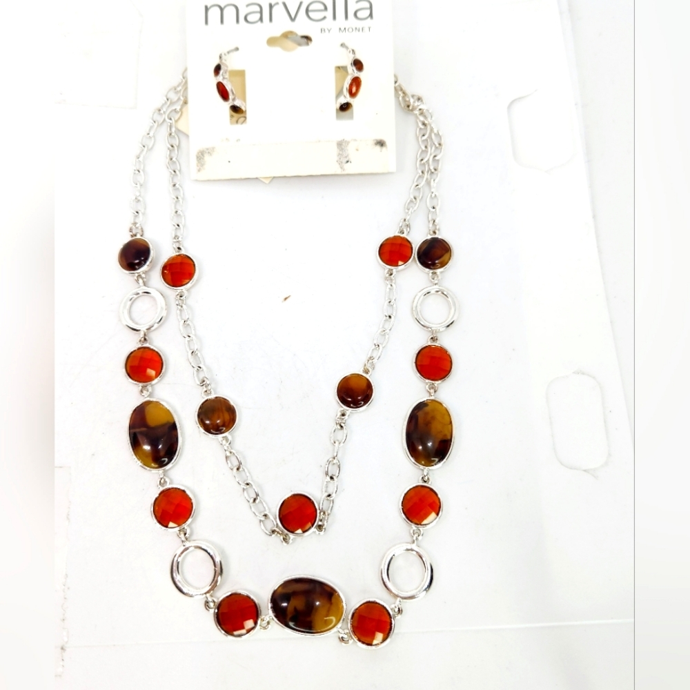 Vtg Silver Tone Layer Faux Tortoiseshell Amber Tone Crystal Necklace Earring Set